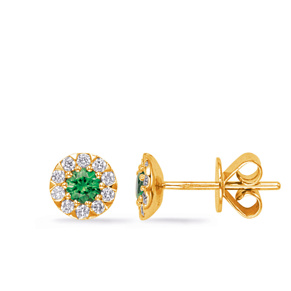 This Earring is available in 14K Yellow Gold. There are a total of 22 stones. There are Emerald with a total carat weight of 0.34 set in a Micro Prong setting.There are Rounds stones with a total carat weight of 0.25 set in a Micro Prong.