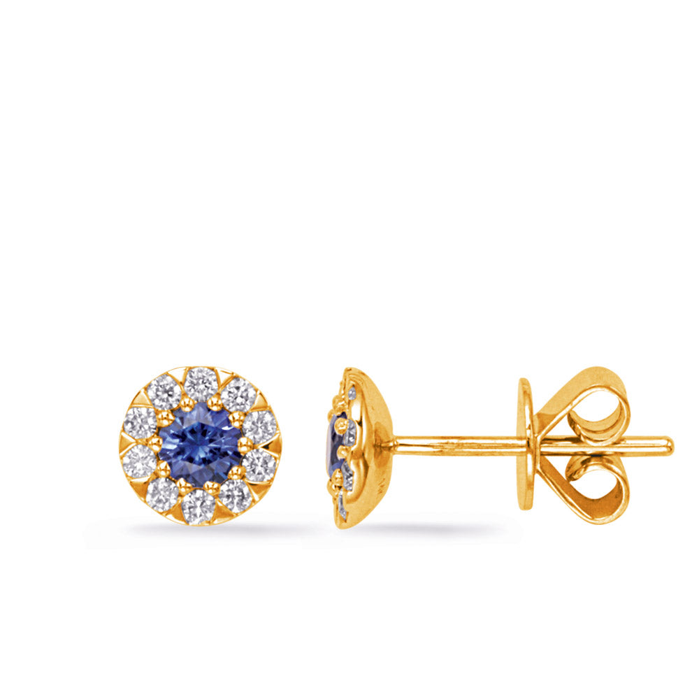 This Earring is available in 14K Yellow Gold. There are a total of 22 stones. There are Rounds with a total carat weight of 0.25 set in a Micro Prong setting.There are Sapphire stones with a total carat weight of 0.44 set in a Micro Prong.