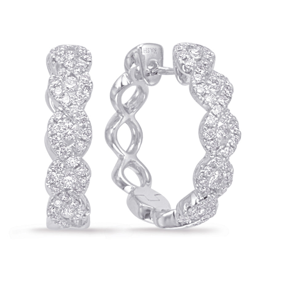 This Earring is available in 14K White Gold. There are a total of 88 stones. There are Rounds with a total carat weight of 0.57 set in a Channel Set|Micro Prong setting.