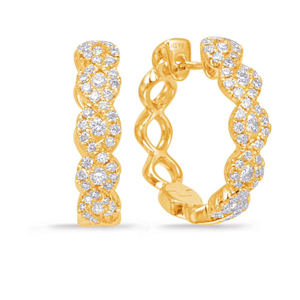 This Earring is available in 14K Yellow Gold. There are a total of 88 stones. There are Rounds with a total carat weight of 0.57 set in a Channel Set|Micro Prong setting.