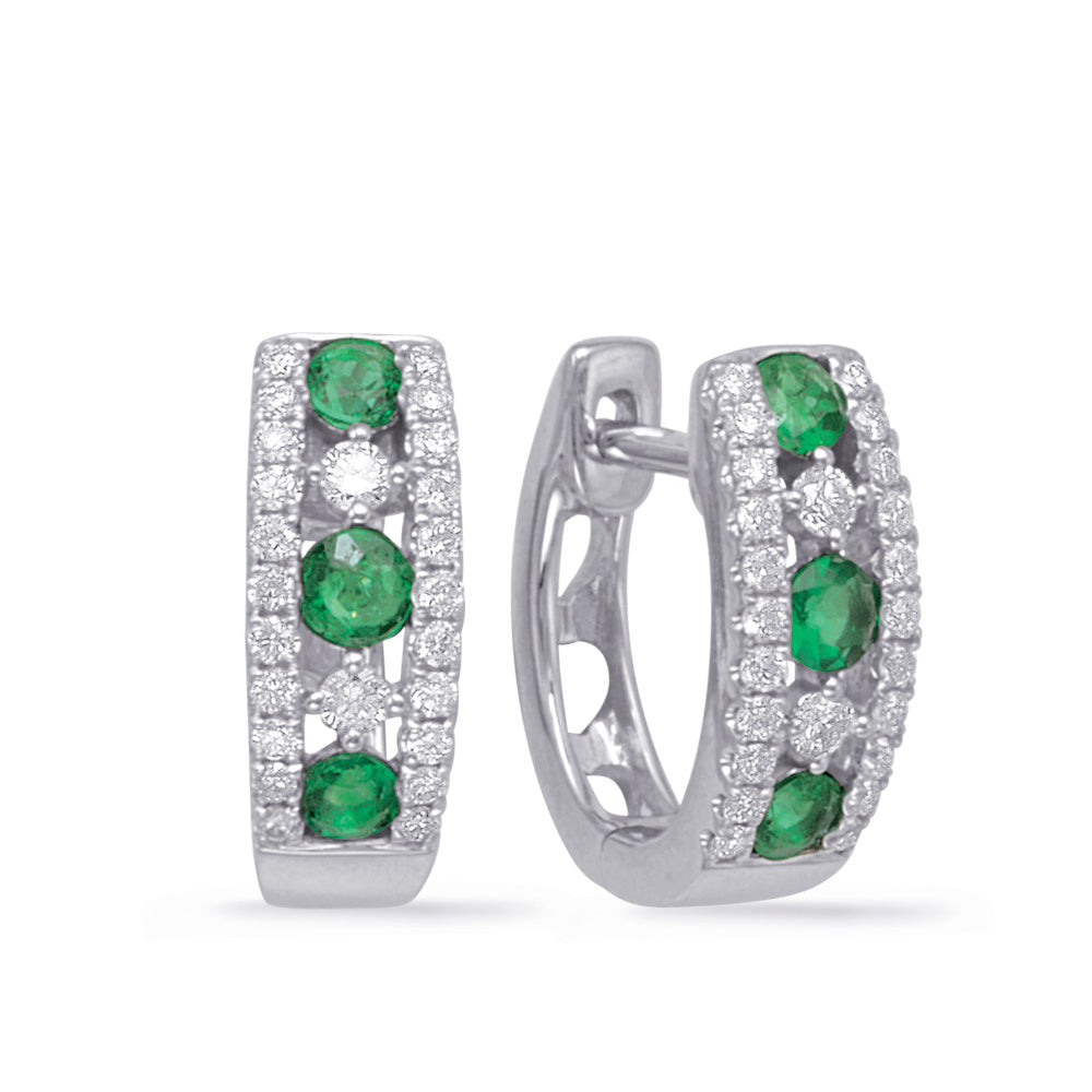 This Earring is available in 14K White Gold. There are a total of 54 stones. There are Emerald with a total carat weight of 0.31 set in a Channel Set|Micro Prong|Prong Set setting.There are Rounds stones with a total carat weight of 0.25 set in a Channel Set|Micro Prong|Prong Set.