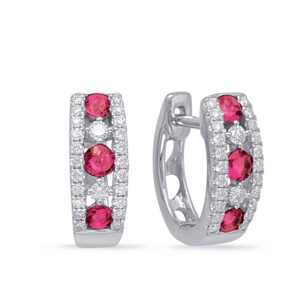 This Earring is available in 14K White Gold. There are a total of 54 stones. There are Rounds with a total carat weight of 0.25 set in a Channel Set|Micro Prong|Prong Set setting.There are Ruby stones with a total carat weight of 0.42 set in a Channel Set|Micro Prong|Prong Set.