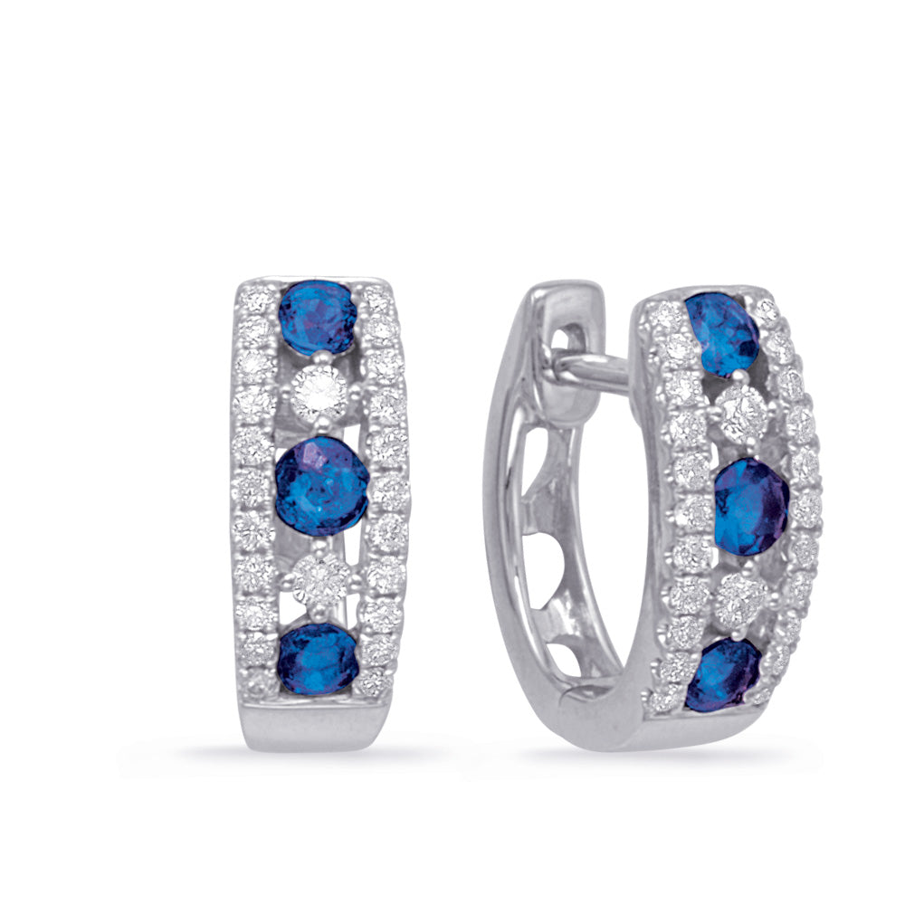 This Earring is available in 14K White Gold. There are a total of 54 stones. There are Rounds with a total carat weight of 0.25 set in a Channel Set|Micro Prong|Prong Set setting.There are Sapphire stones with a total carat weight of 0.4 set in a Channel Set|Micro Prong|Prong Set.