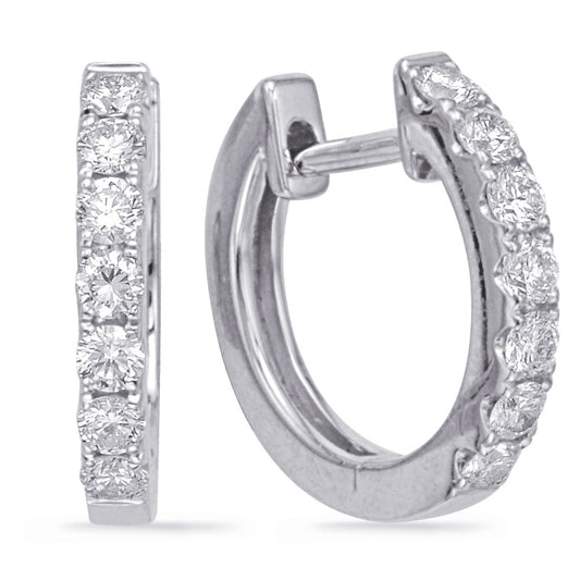 This Earring is available in 14K White Gold. There are a total of 14 stones. There are Rounds with a total carat weight of 0.5 set in a Micro Prong setting.