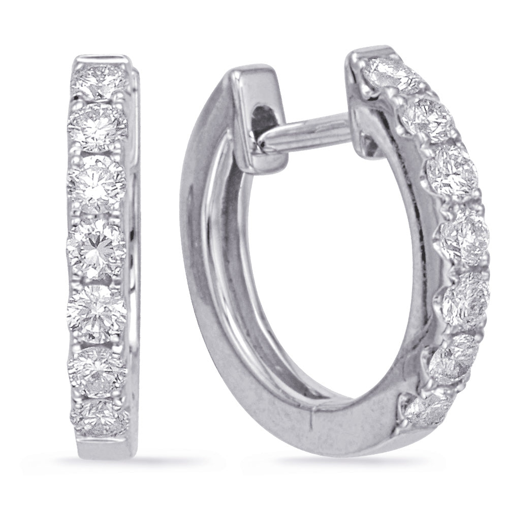 This Earring is available in 14K White Gold. There are a total of 14 stones. There are Rounds with a total carat weight of 0.5 set in a Micro Prong setting.