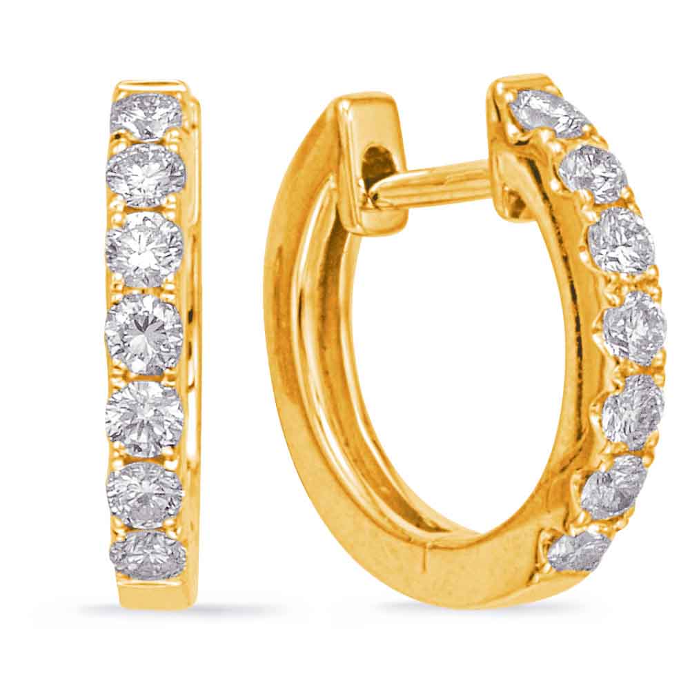 This Earring is available in 14K Yellow Gold. There are a total of 14 stones. There are Rounds with a total carat weight of 0.5 set in a Micro Prong setting.