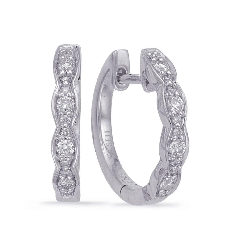 This Earring is available in 14K White Gold. There are a total of 24 stones. There are Rounds with a total carat weight of 0.18 set in a Micro Prong|Shared Prongs setting.