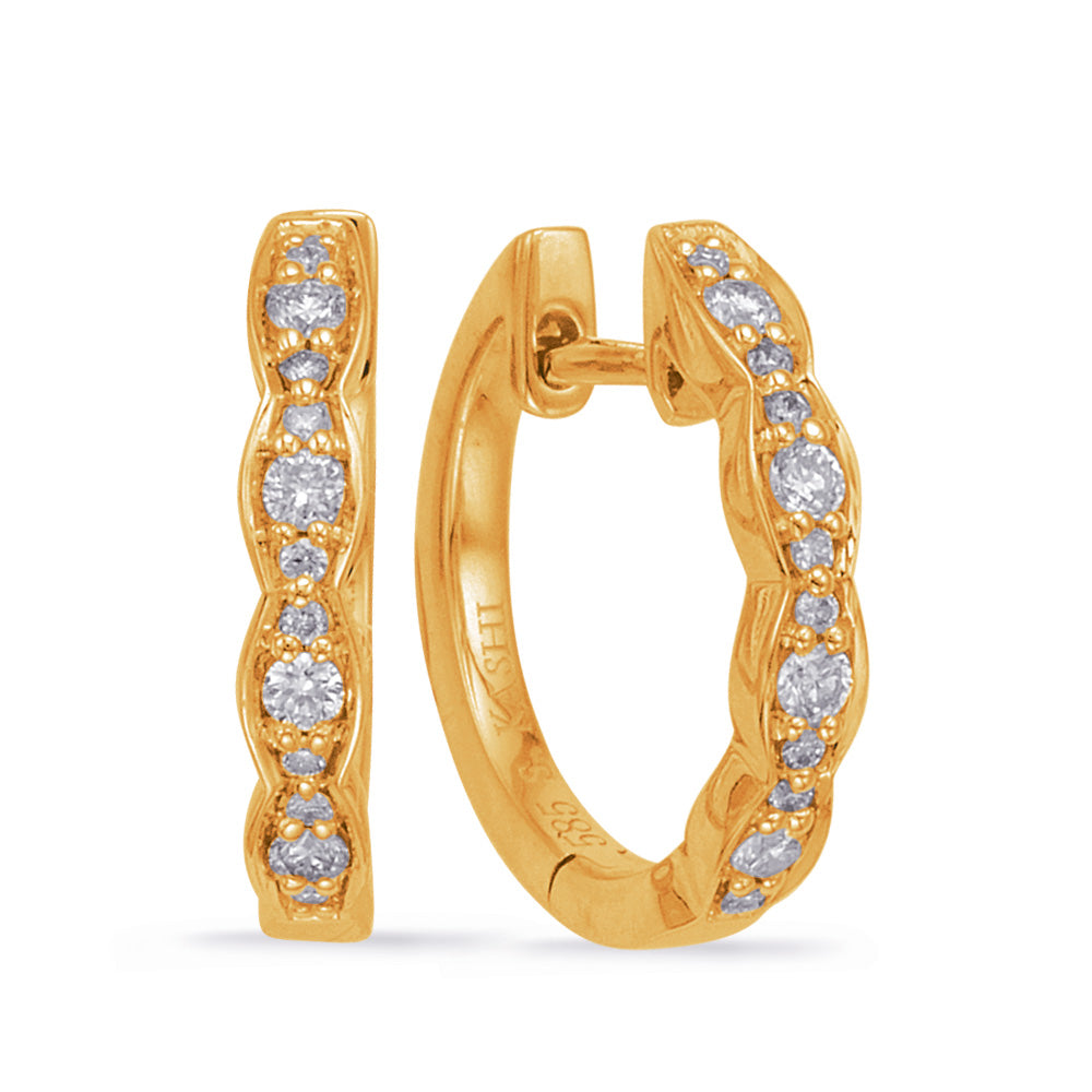 This Earring is available in 14K Yellow Gold. There are a total of 24 stones. There are Rounds with a total carat weight of 0.18 set in a Micro Prong|Shared Prongs setting.