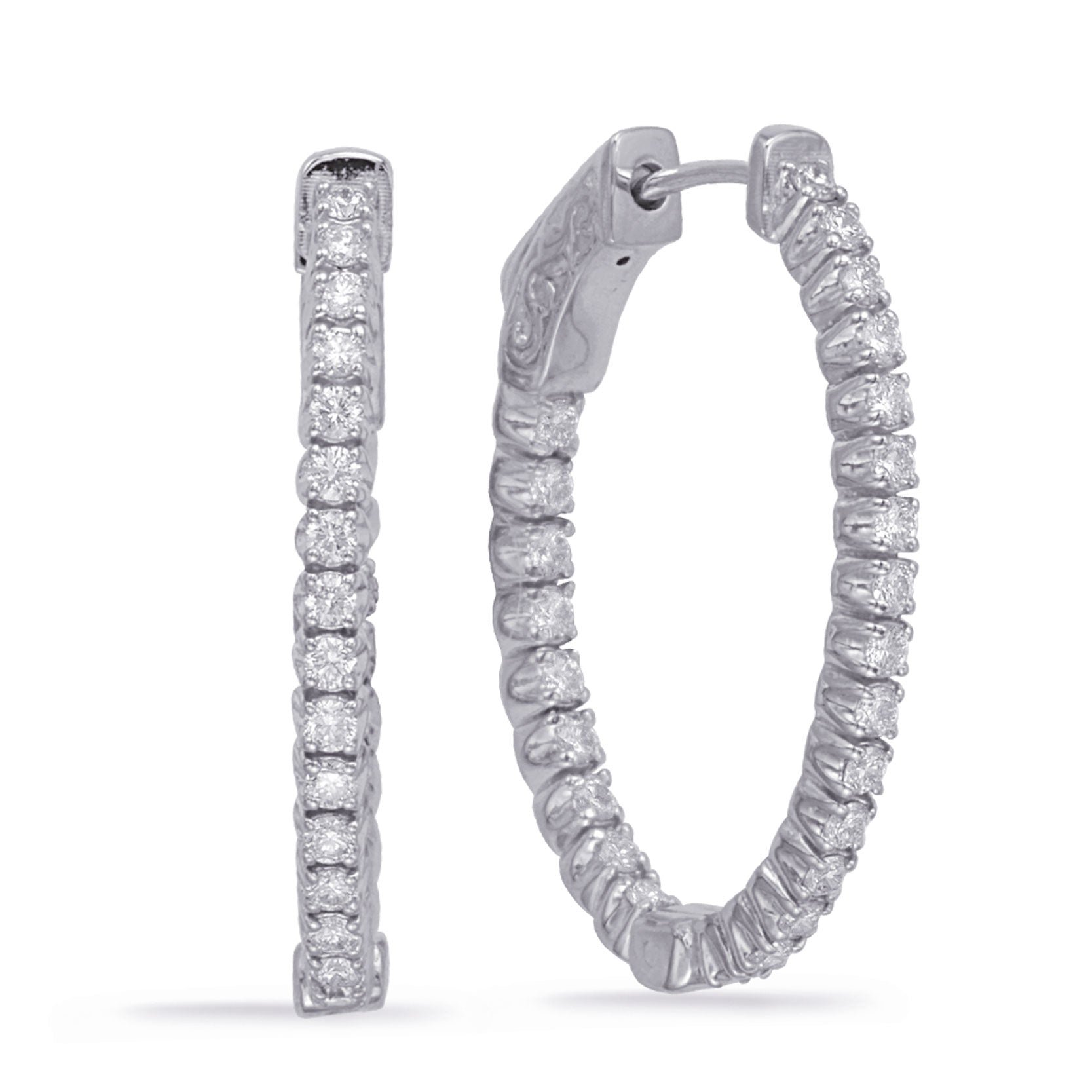 This Earring is available in 14K White Gold. There are a total of 50 stones. There are Rounds with a total carat weight of 0.9 set in a Prong Set setting.