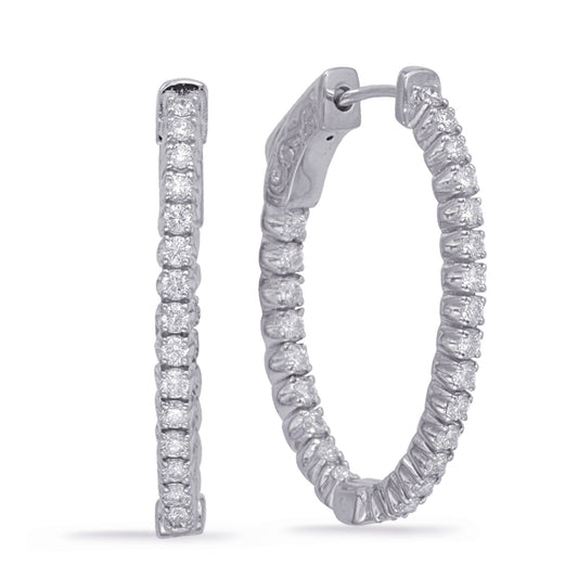 This Earring is available in 14K White Gold. There are a total of 50 stones. There are Rounds with a total carat weight of 0.9 set in a Prong Set setting.