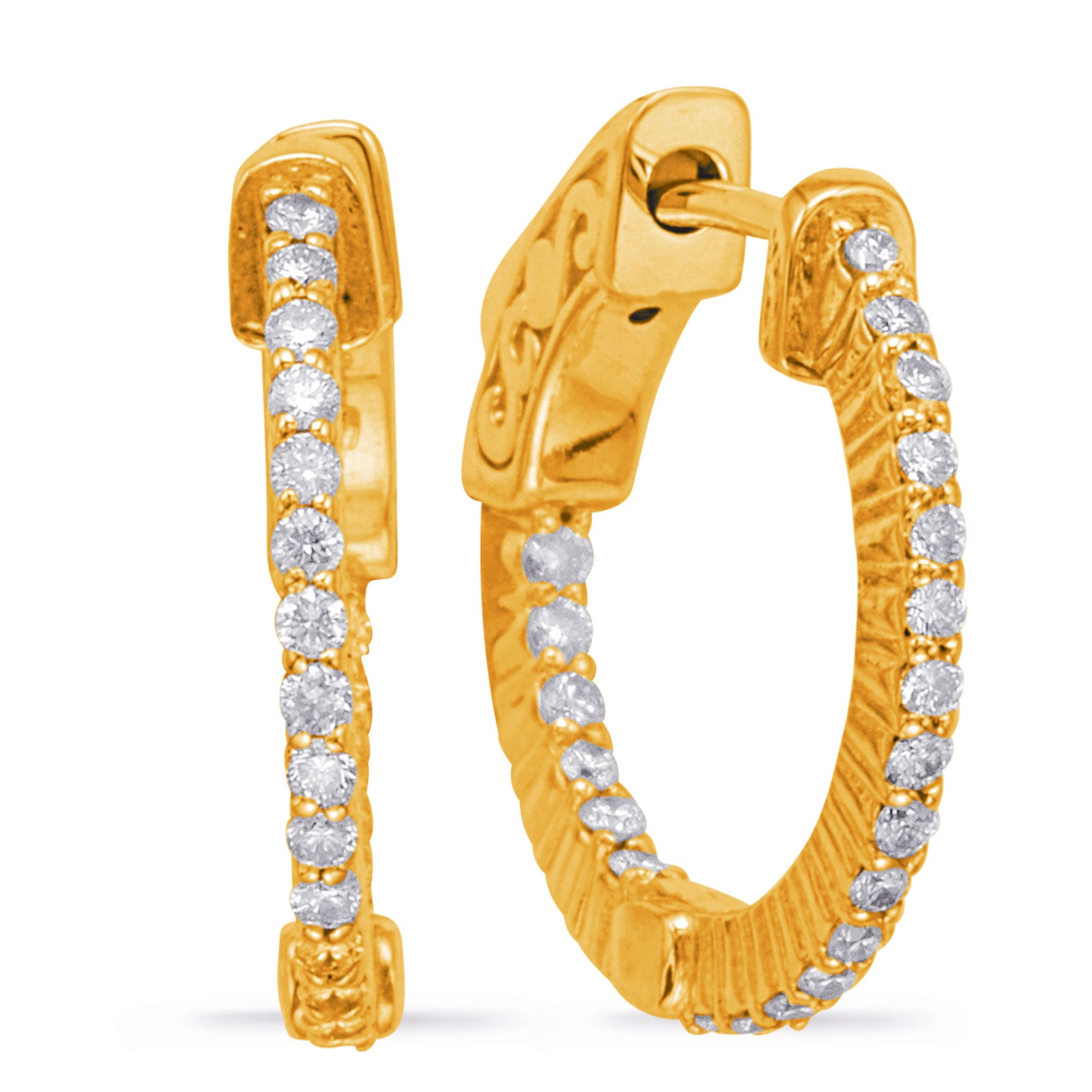 This Earring is available in 14K Yellow Gold. There are a total of 42 stones. There are Rounds with a total carat weight of 0.41 set in a Prong Set setting.