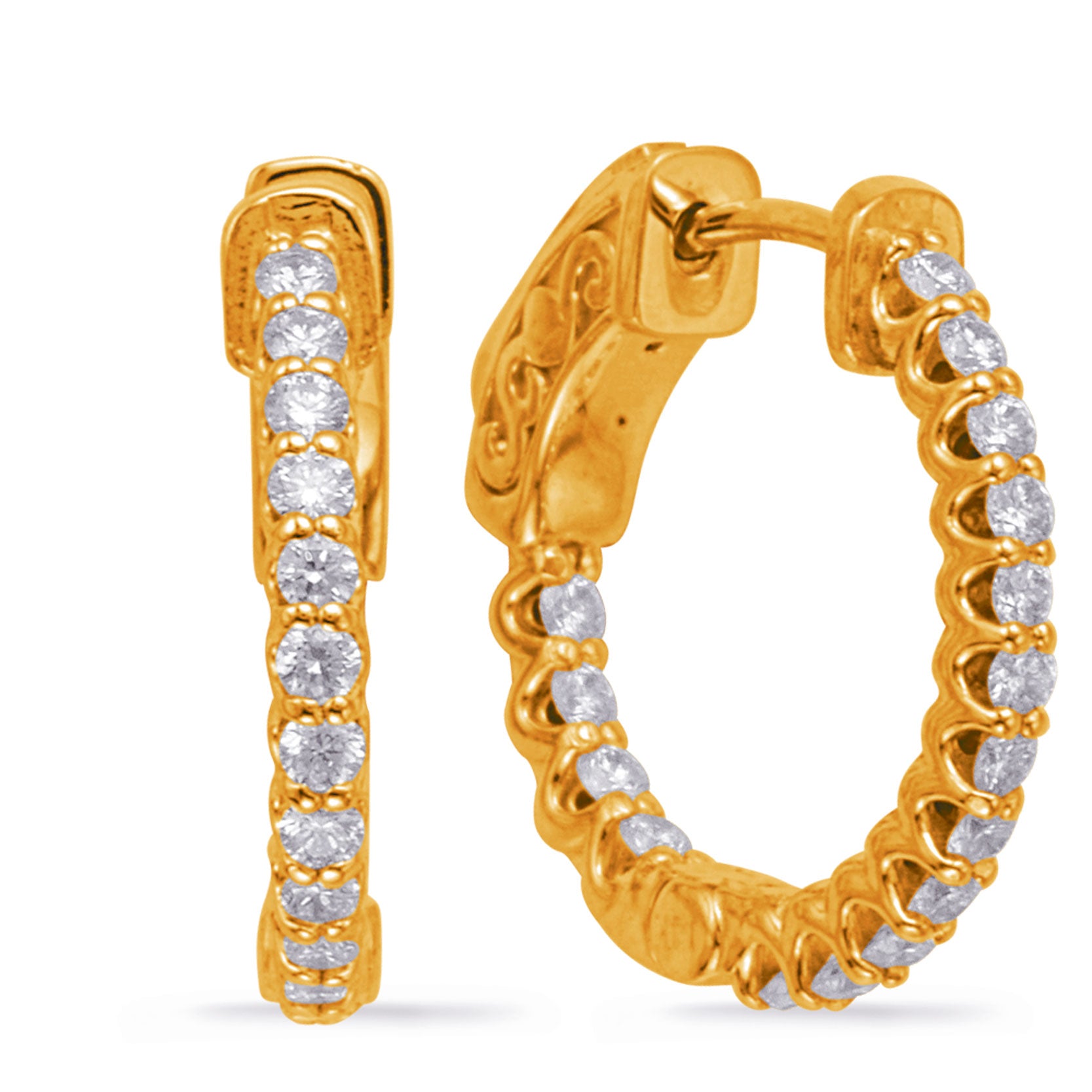 This Earring is available in 14K Yellow Gold. There are a total of 32 stones. There are Rounds with a total carat weight of 0.58 set in a Prong Set setting.