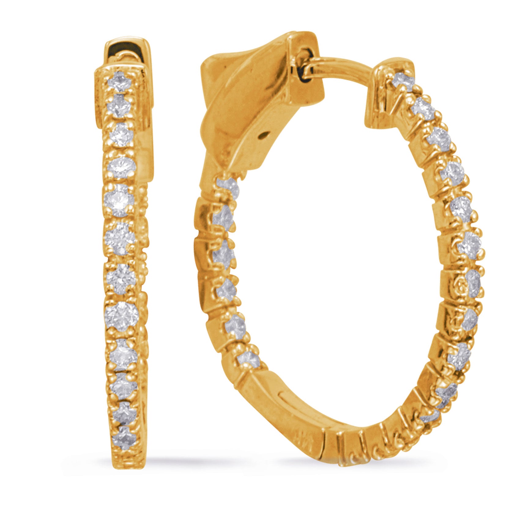 This Earring is available in 14K Yellow Gold. There are a total of 40 stones. There are Rounds with a total carat weight of 0.39 set in a Prong Set setting.