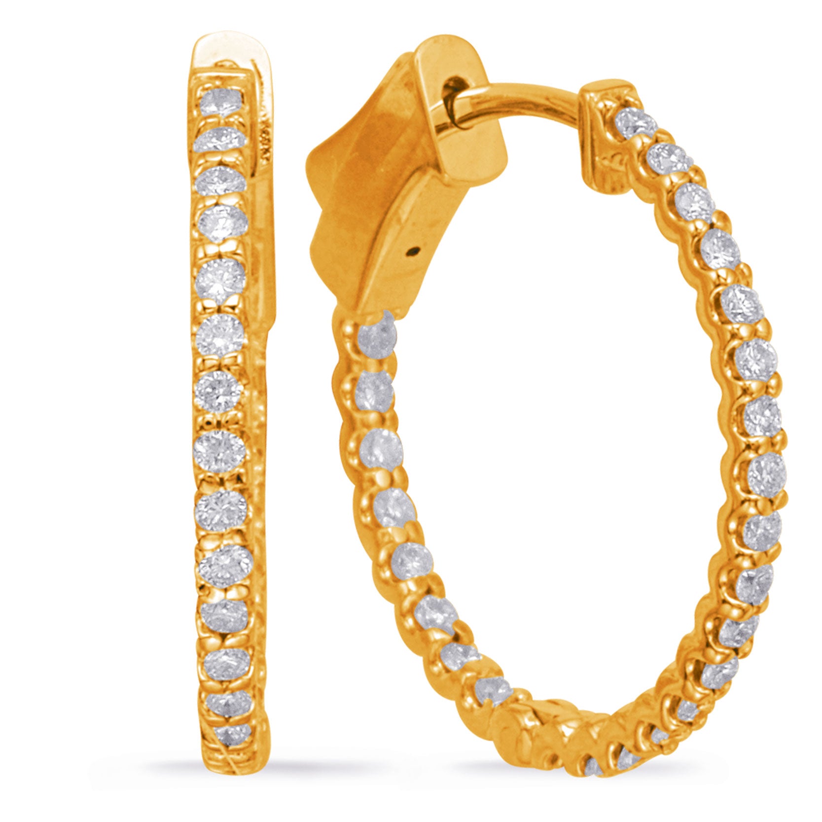This Earring is available in 14K Yellow Gold. There are a total of 50 stones. There are Rounds with a total carat weight of 0.52 set in a Prong Set setting.