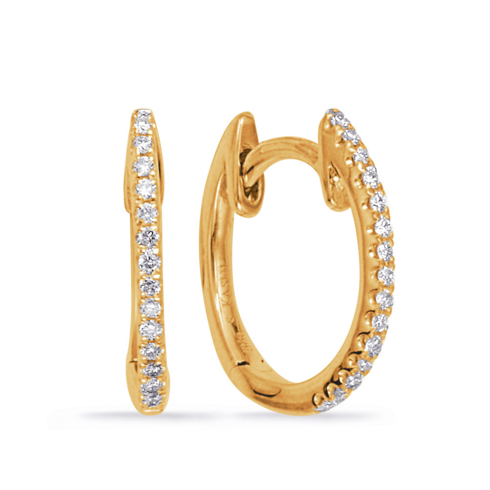 This Earring is available in 14K Yellow Gold. There are a total of 30 stones. There are Rounds with a total carat weight of 0.08 set in a Micro Prong setting.