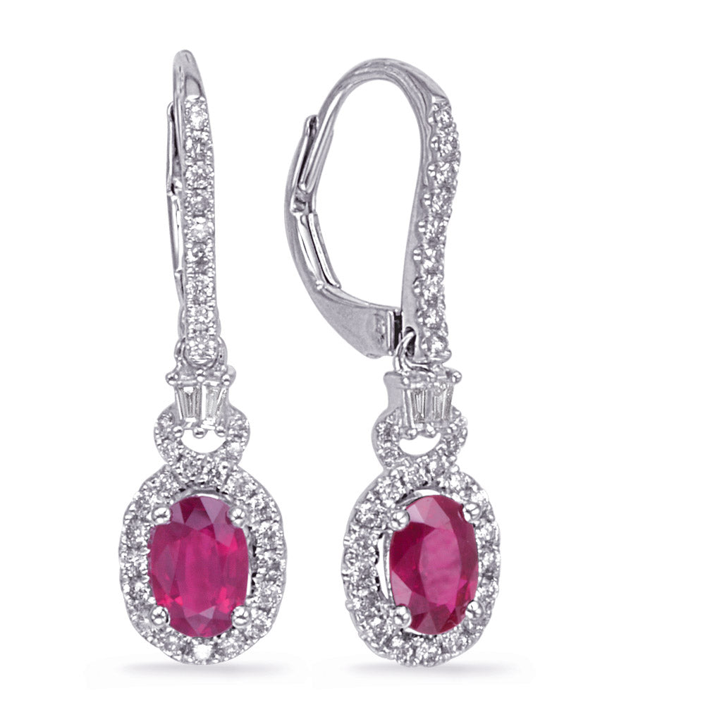 This Earring is available in 14K White Gold. There are a total of 66 stones. There are Baguette with a total carat weight of 0.06 set in a Micro Prong setting.There are Rounds stones with a total carat weight of 0.34 set in a Micro Prong.