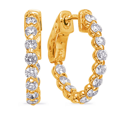 This Earring is available in 14K Yellow Gold. There are a total of 22 stones. There are Rounds with a total carat weight of 1.08 set in a  setting.