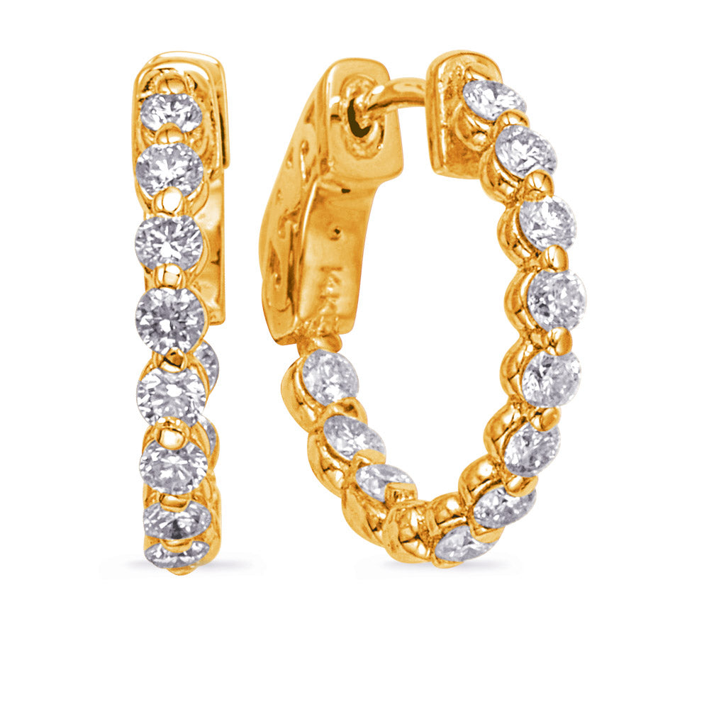 This Earring is available in 14K Yellow Gold. There are a total of 22 stones. There are Rounds with a total carat weight of 1.08 set in a  setting.