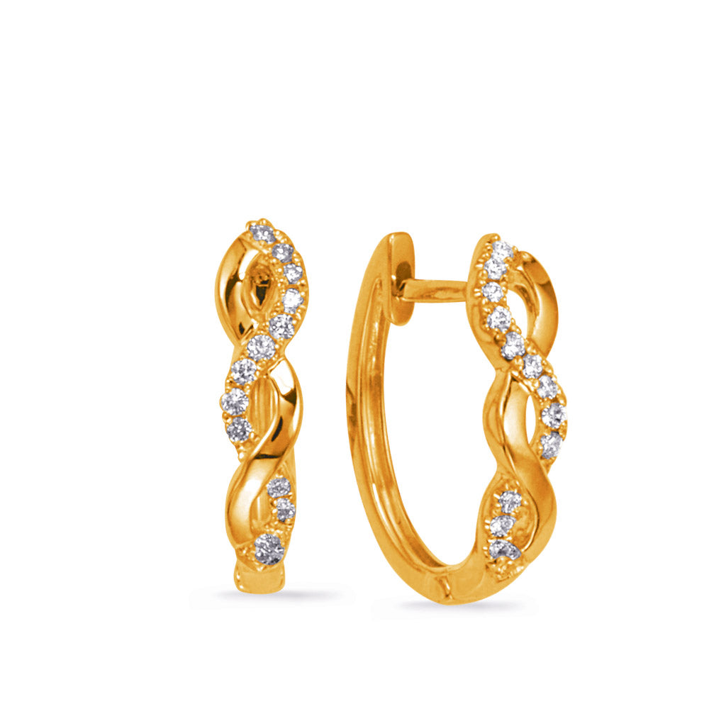 This Earring is available in 14K Yellow Gold. There are a total of 26 stones. There are Rounds with a total carat weight of 0.13 set in a Micro Prong setting.