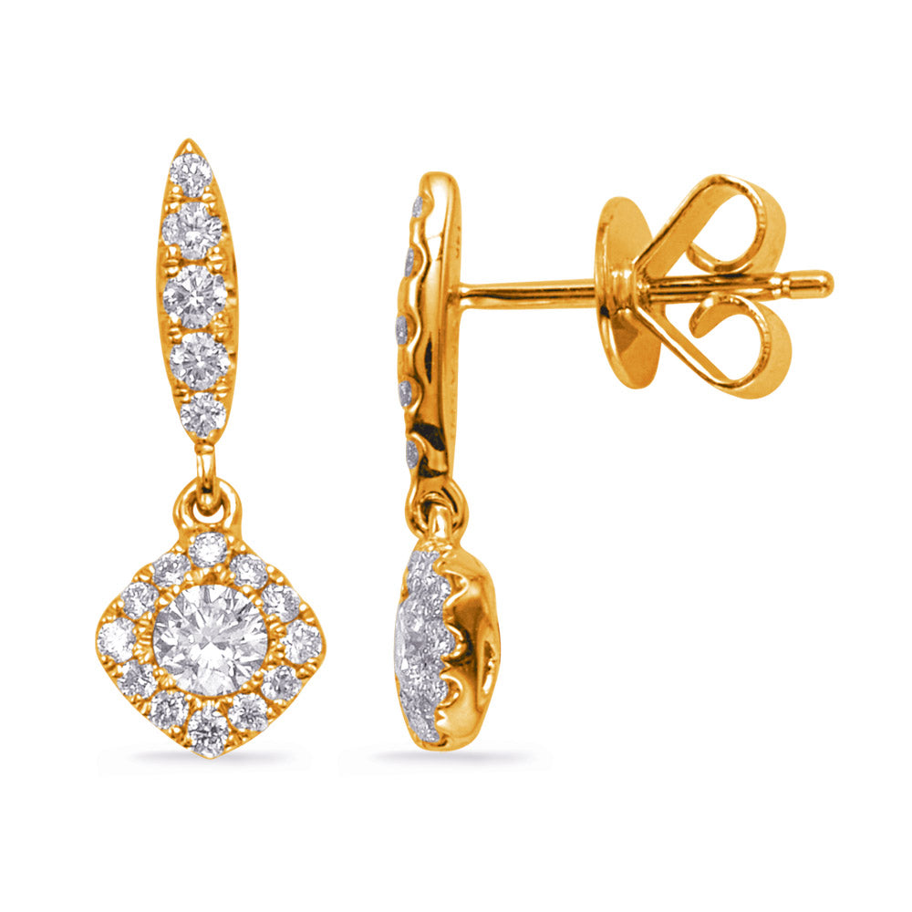 This Earring is available in 14K Yellow Gold. There are a total of 36 stones. There are Rounds with a total carat weight of 0.66 set in a Bezel Set|Micro Prong setting.