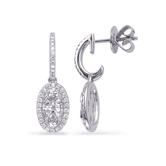 This Earring is available in 14K White Gold. There are a total of 80 stones. There are Marquise with a total carat weight of 0.31 set in a Channel Set|Micro Pave setting.There are Pear Shape stones with a total carat weight of 0.3 set in a Channel Set|Micro Pave.
