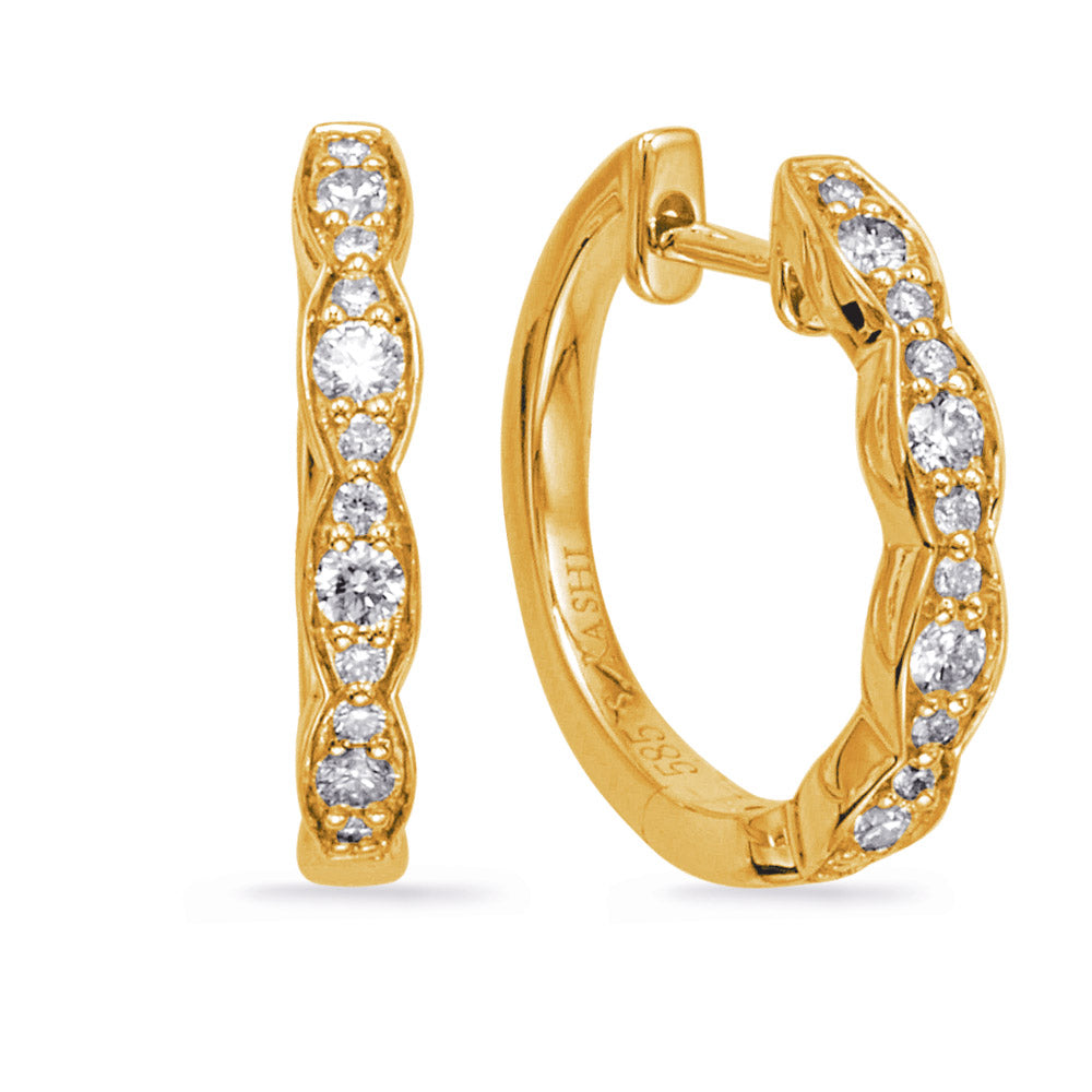 This Earring is available in 14K Yellow Gold. There are a total of 24 stones. There are Rounds with a total carat weight of 0.4 set in a Micro Prong setting.