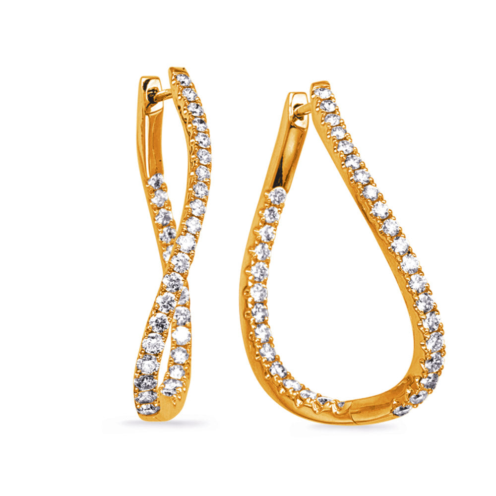 This Earring is available in 14K Yellow Gold. There are a total of 68 stones. There are Rounds with a total carat weight of 0.9 set in a Prong Set setting.