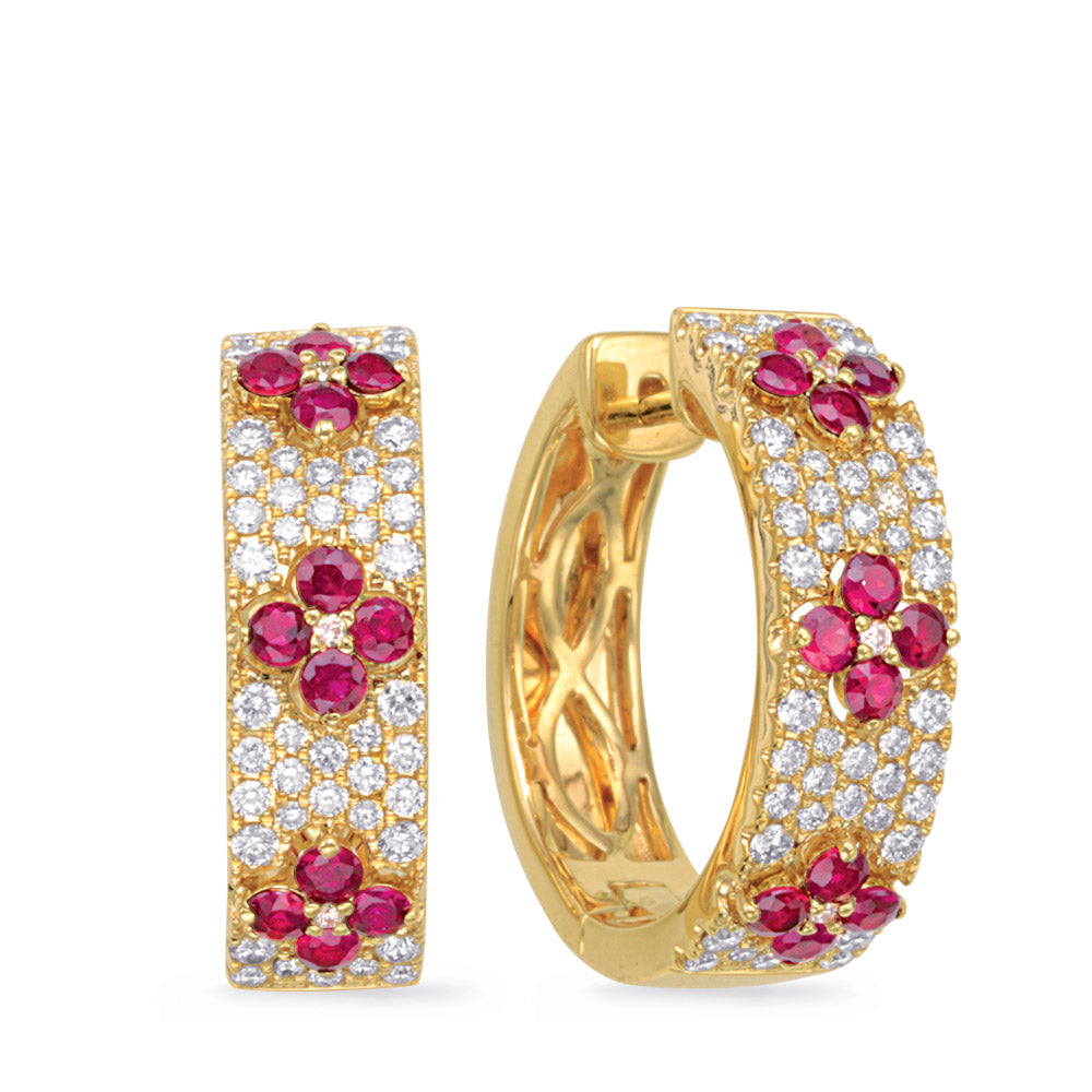 This Earring is available in 14K Yellow Gold. There are a total of 122 stones. There are Rounds with a total carat weight of 0.63 set in a Micro Prong setting.There are Ruby stones with a total carat weight of 0.85 set in a Micro Prong.