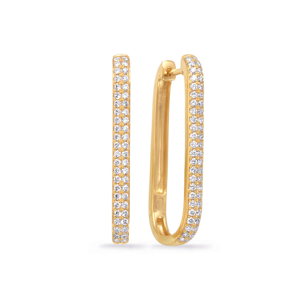This Earring is available in 14K Yellow Gold. There are a total of 96 stones. There are Rounds with a total carat weight of 0.59 set in a Micro Prong setting.