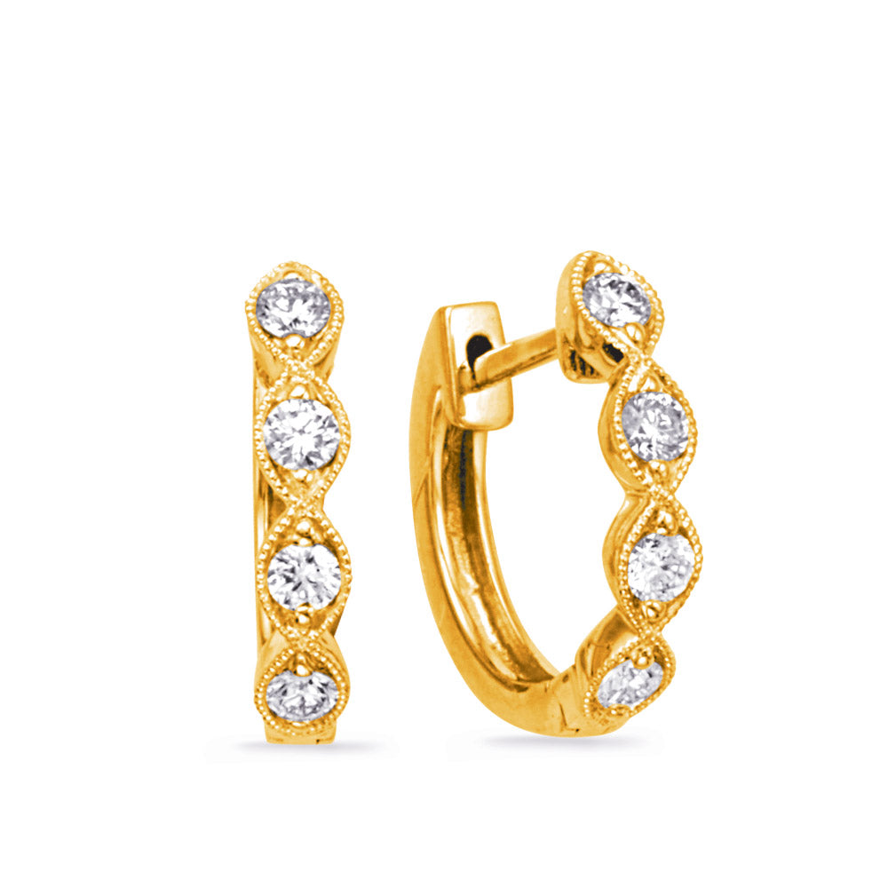This Earring is available in 14K Yellow Gold. There are a total of 8 stones. There are Rounds with a total carat weight of 0.24 set in a Micro Prong setting.
