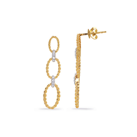 This Earring is available in 14K Yellow & White Gold. There are a total of 16 stones. There are Rounds with a total carat weight of 0.09 set in a  setting.