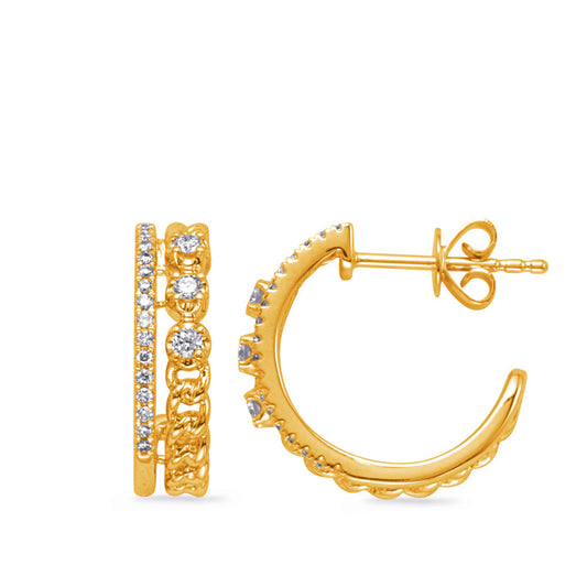 This Earring is available in 14K Yellow Gold. There are a total of 42 stones. There are Rounds with a total carat weight of 0.25 set in a Micro Prong setting.