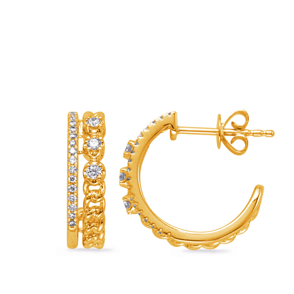 This Earring is available in 14K Yellow Gold. There are a total of 42 stones. There are Rounds with a total carat weight of 0.25 set in a Micro Prong setting.