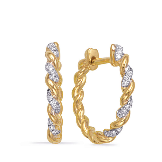 This Earring is available in 14K Yellow Gold. There are a total of 38 stones. There are Rounds with a total carat weight of 0.1 set in a Micro Prong setting.