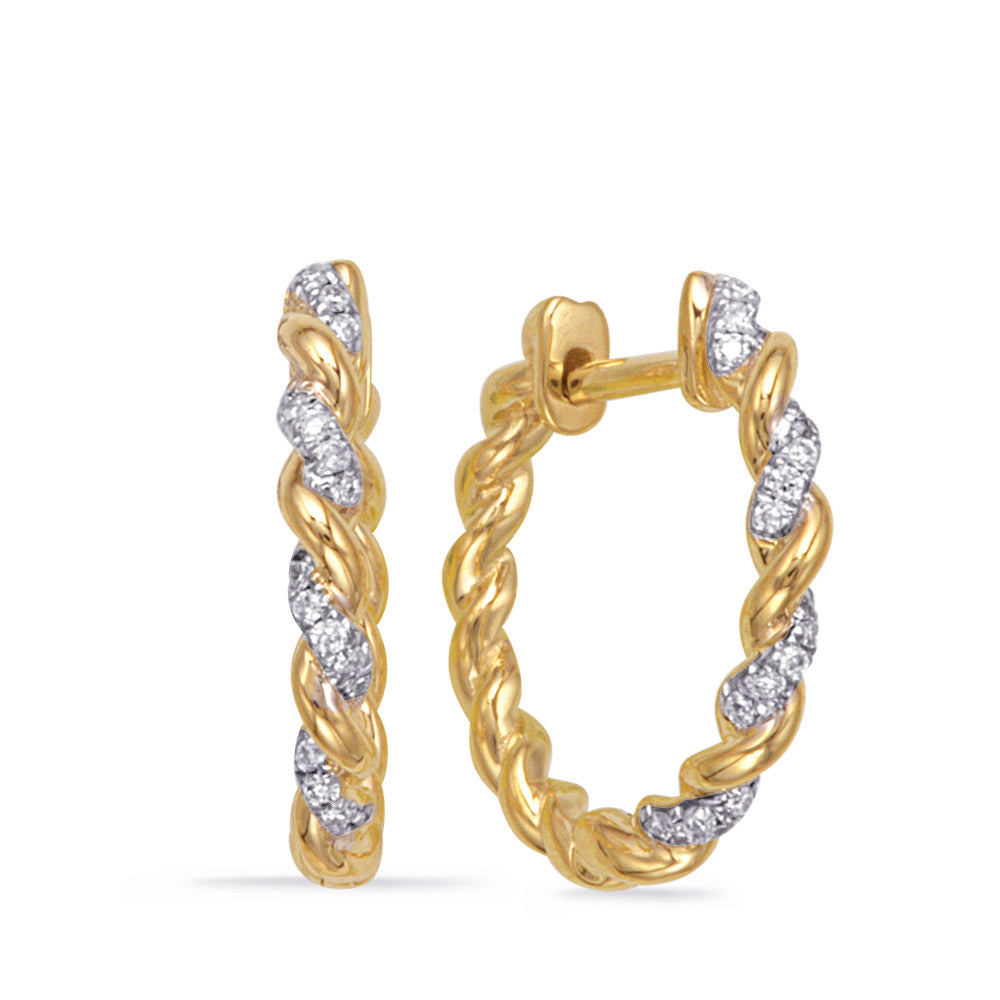 This Earring is available in 14K Yellow Gold. There are a total of 38 stones. There are Rounds with a total carat weight of 0.1 set in a Micro Prong setting.