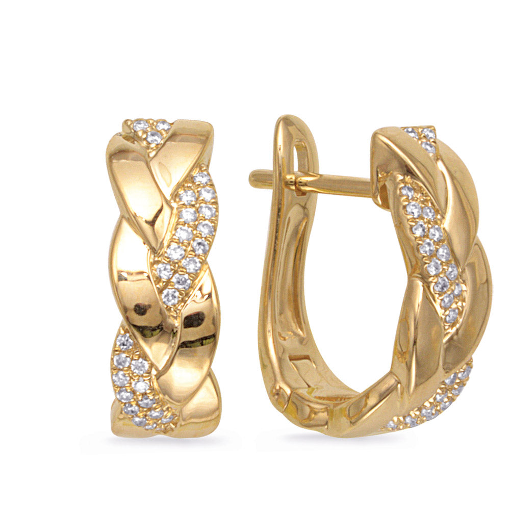 This Earring is available in 14K Yellow Gold. There are a total of 58 stones. There are Rounds with a total carat weight of 0.15 set in a Micro Prong setting.