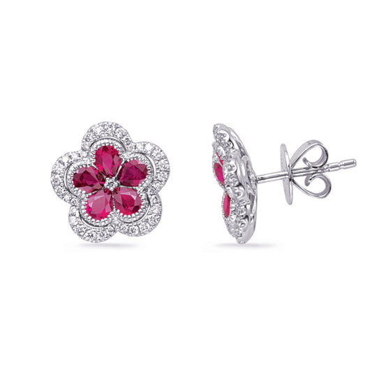 This Earring is available in 14K White Gold. There are a total of 82 stones. There are Rounds with a total carat weight of 0.33 set in a  setting.There are Ruby stones with a total carat weight of 1.78 set in a .