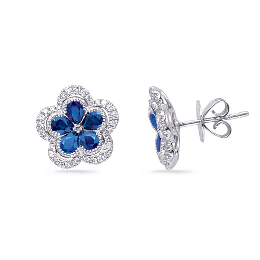 This Earring is available in 14K White Gold. There are a total of 82 stones. There are Rounds with a total carat weight of 0.33 set in a  setting.There are Sapphire stones with a total carat weight of 1.7 set in a .