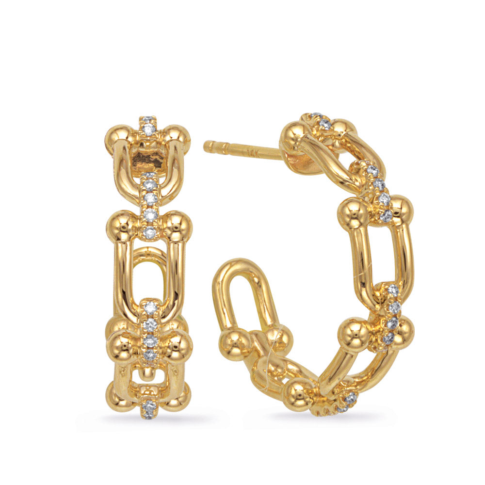 This Earring is available in 14K Yellow Gold. There are a total of 34 stones. There are Rounds with a total carat weight of 0.12 set in a Micro Prong setting.