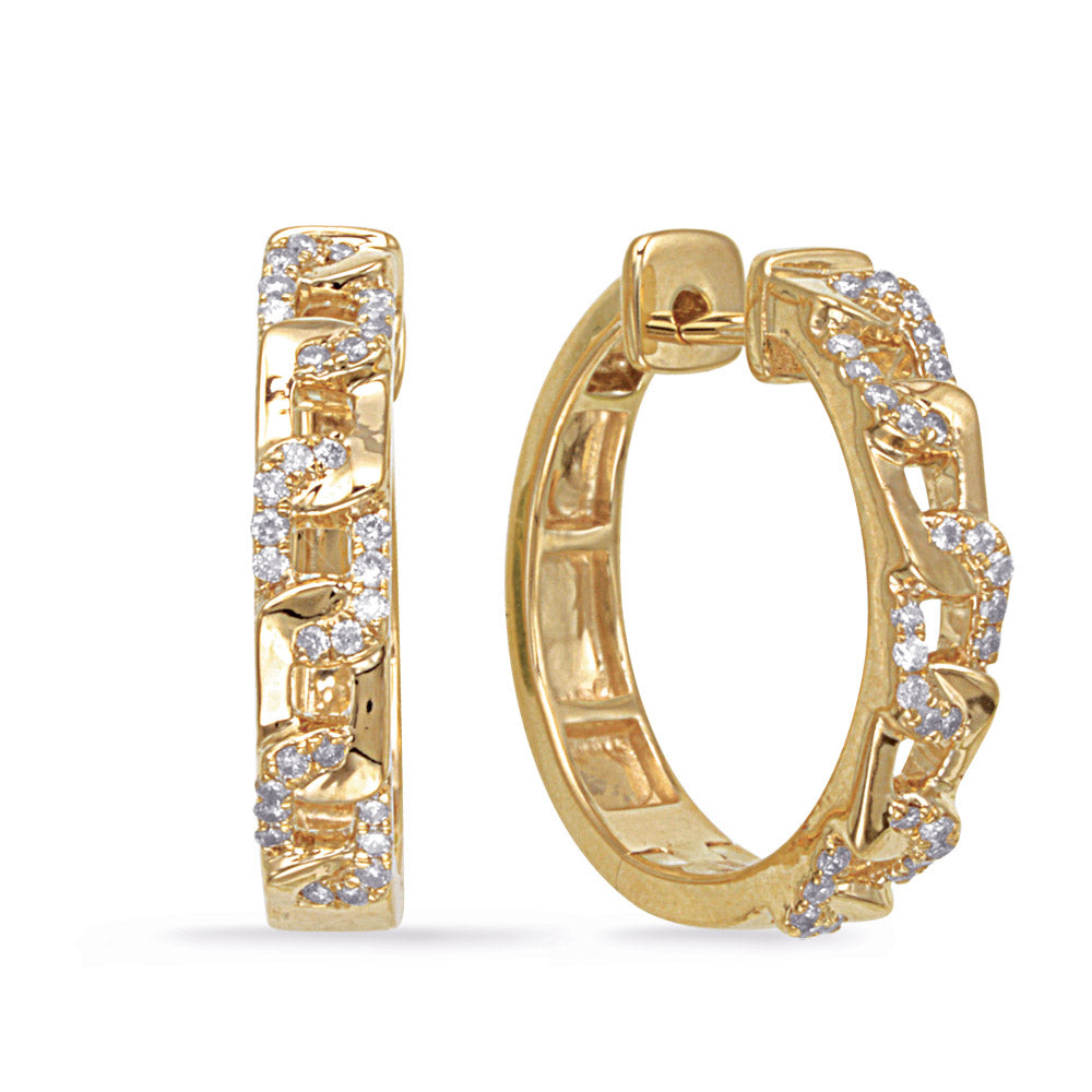 This Earring is available in 14K Yellow Gold. There are a total of 60 stones. There are Rounds with a total carat weight of 0.32 set in a Micro Prong setting.
