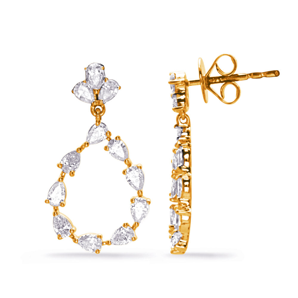 This Earring is available in 14K Yellow Gold. There are a total of 24 stones. There are Pear Shape with a total carat weight of 1.23 set in a Prong Set setting.