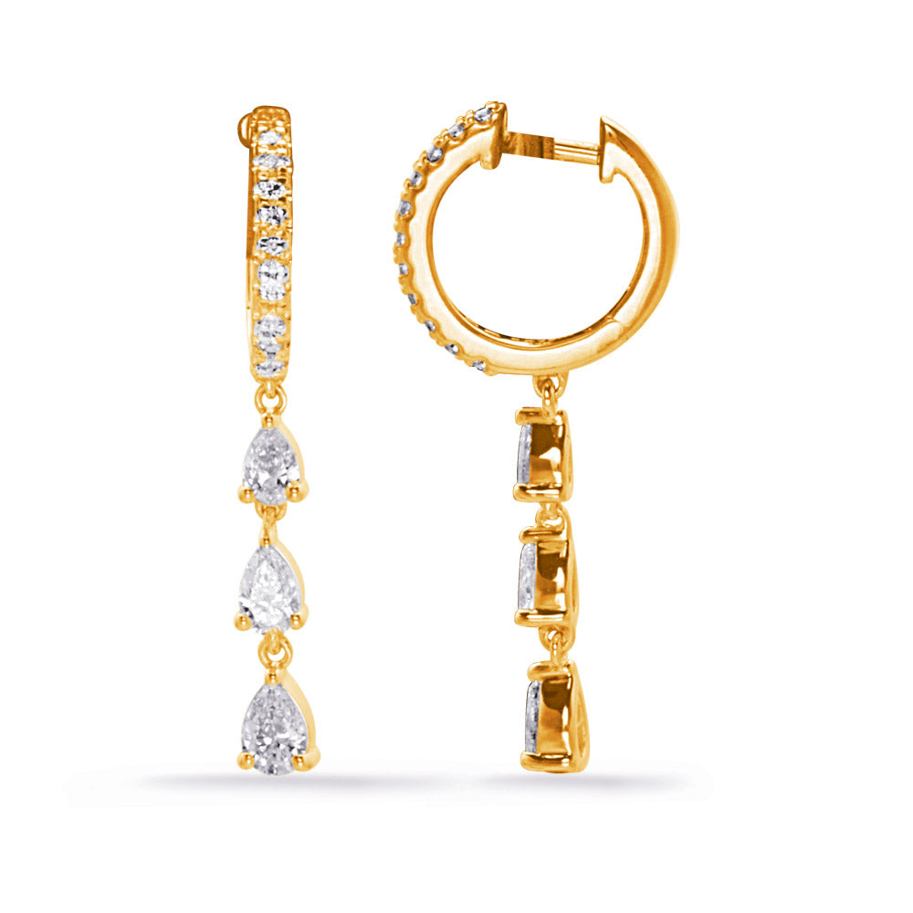 This Earring is available in 14K Yellow Gold. There are a total of 28 stones. There are Pear Shape with a total carat weight of 0.89 set in a Micro Prong setting.There are Rounds stones with a total carat weight of 0.19 set in a Micro Prong.