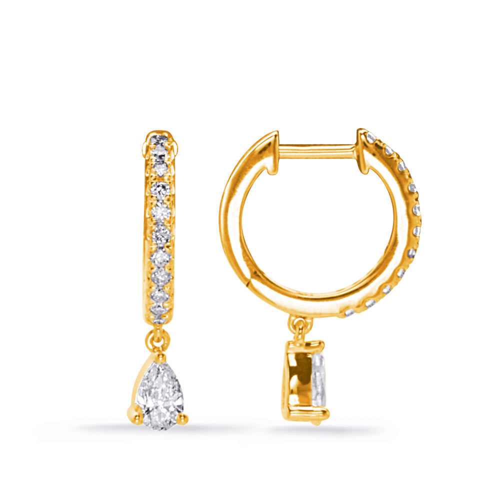 This Earring is available in 14K Yellow Gold. There are a total of 24 stones. There are Pear Shape with a total carat weight of 0.5 set in a Prong Set setting.There are Rounds stones with a total carat weight of 0.23 set in a Prong Set.