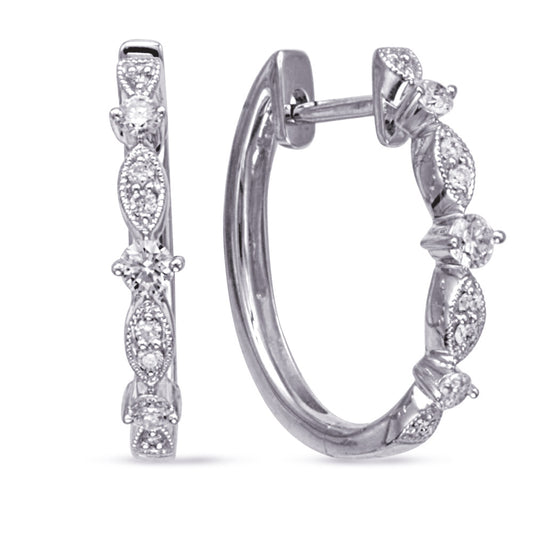 This Earring is available in 14K White Gold. There are a total of 18 stones. There are Rounds with a total carat weight of 0.27 set in a Micro Prong|Prong Set|Shared Prongs setting.