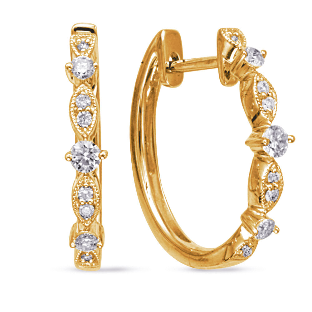 This Earring is available in 14K Yellow Gold. There are a total of 18 stones. There are Rounds with a total carat weight of 0.27 set in a Micro Prong|Prong Set|Shared Prongs setting.