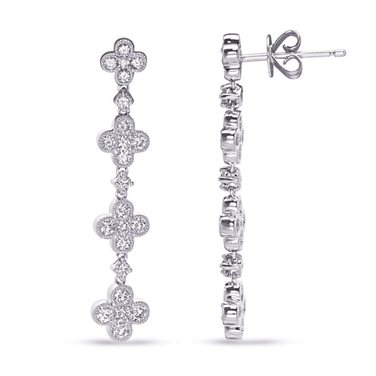 This Earring is available in 14K White Gold. There are a total of 46 stones. There are Rounds with a total carat weight of 0.86 set in a Bezel Set|Prong Set setting.