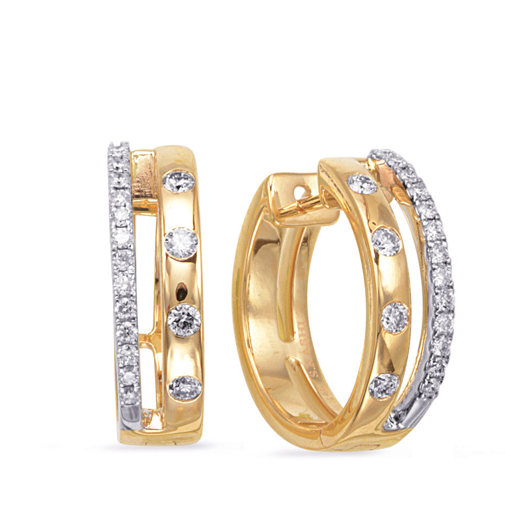 This Earring is available in 14K Yellow & White Gold. There are a total of 34 stones. There are Rounds with a total carat weight of 0.33 set in a Micro Prong setting.