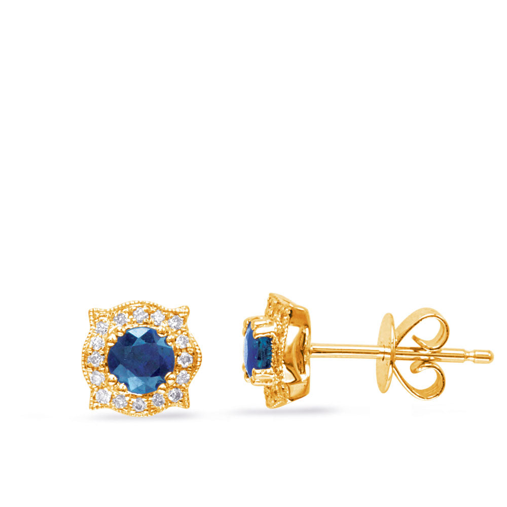 This Earring is available in 14K Yellow Gold. There are a total of 34 stones. There are Rounds with a total carat weight of 0.1 set in a Micro Prong|Prong Set setting.There are Sapphire stones with a total carat weight of 0.53 set in a Micro Prong|Prong Set.