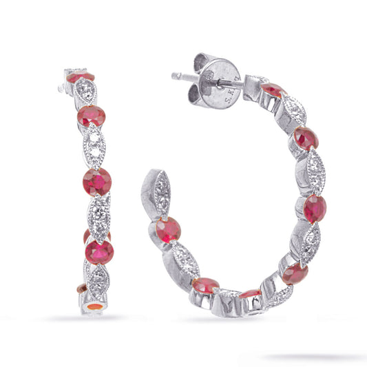 This Earring is available in 14K White Gold. There are a total of 44 stones. There are Rounds with a total carat weight of 0.24 set in a Channel Set|Prong Set setting.There are Ruby stones with a total carat weight of 1 set in a Channel Set|Prong Set.