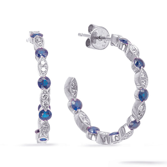 This Earring is available in 14K White Gold. There are a total of 44 stones. There are Rounds with a total carat weight of 0.24 set in a Channel Set|Prong Set setting.There are Sapphire stones with a total carat weight of 0.98 set in a Channel Set|Prong Set.